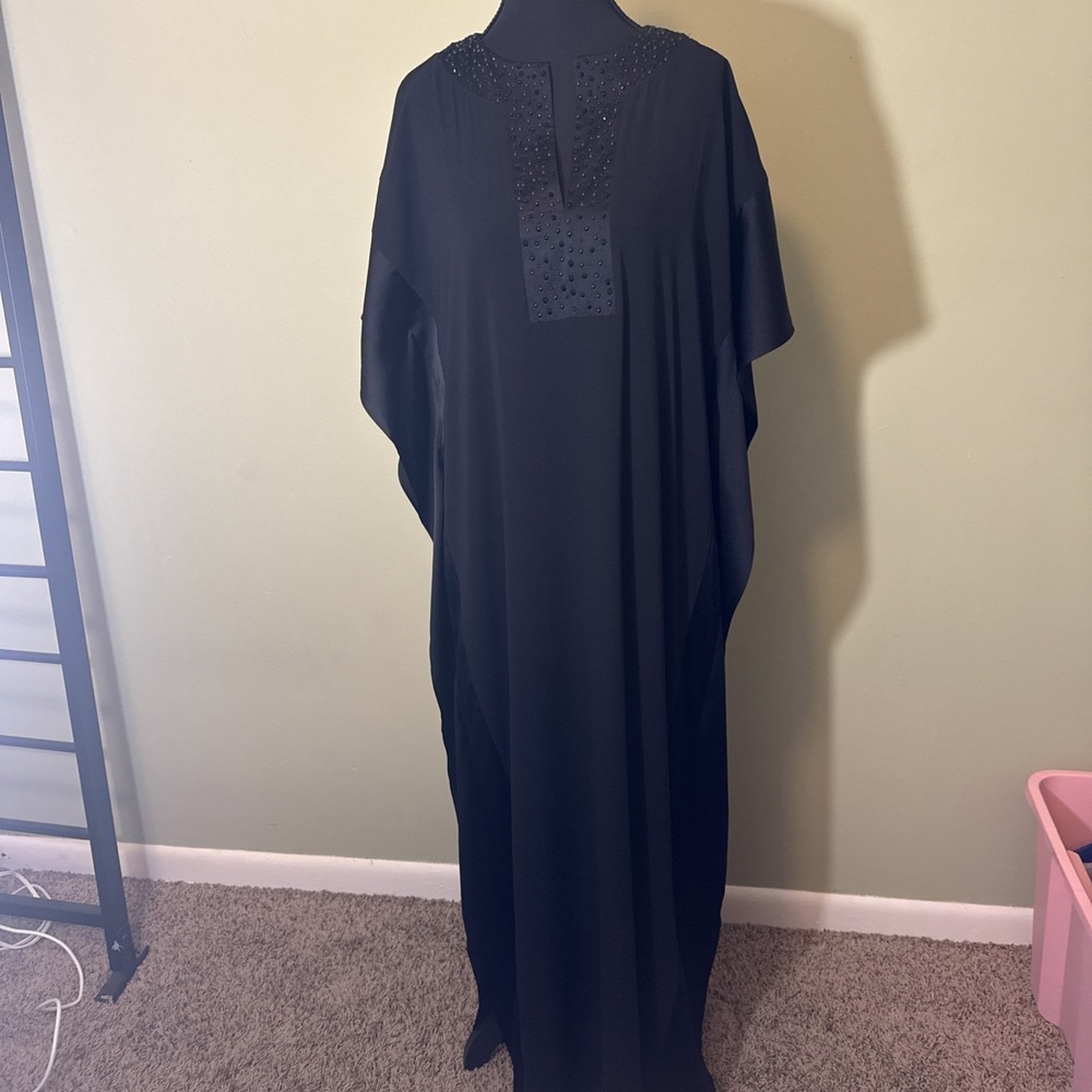 St John Evenings Silk Kaftan‎ 2017 Black with Rhinestones & Satin Size 10 NWOT
